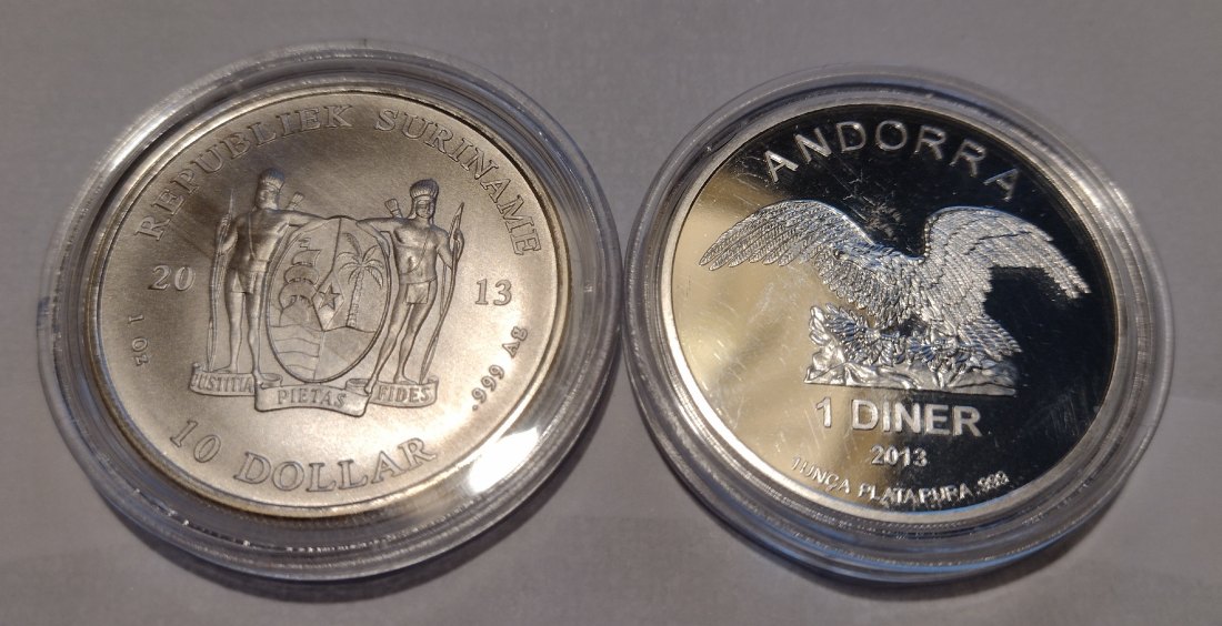  Silbermünzen, je 1 Unze Silber 999, Surinam und Andorra Eagle   