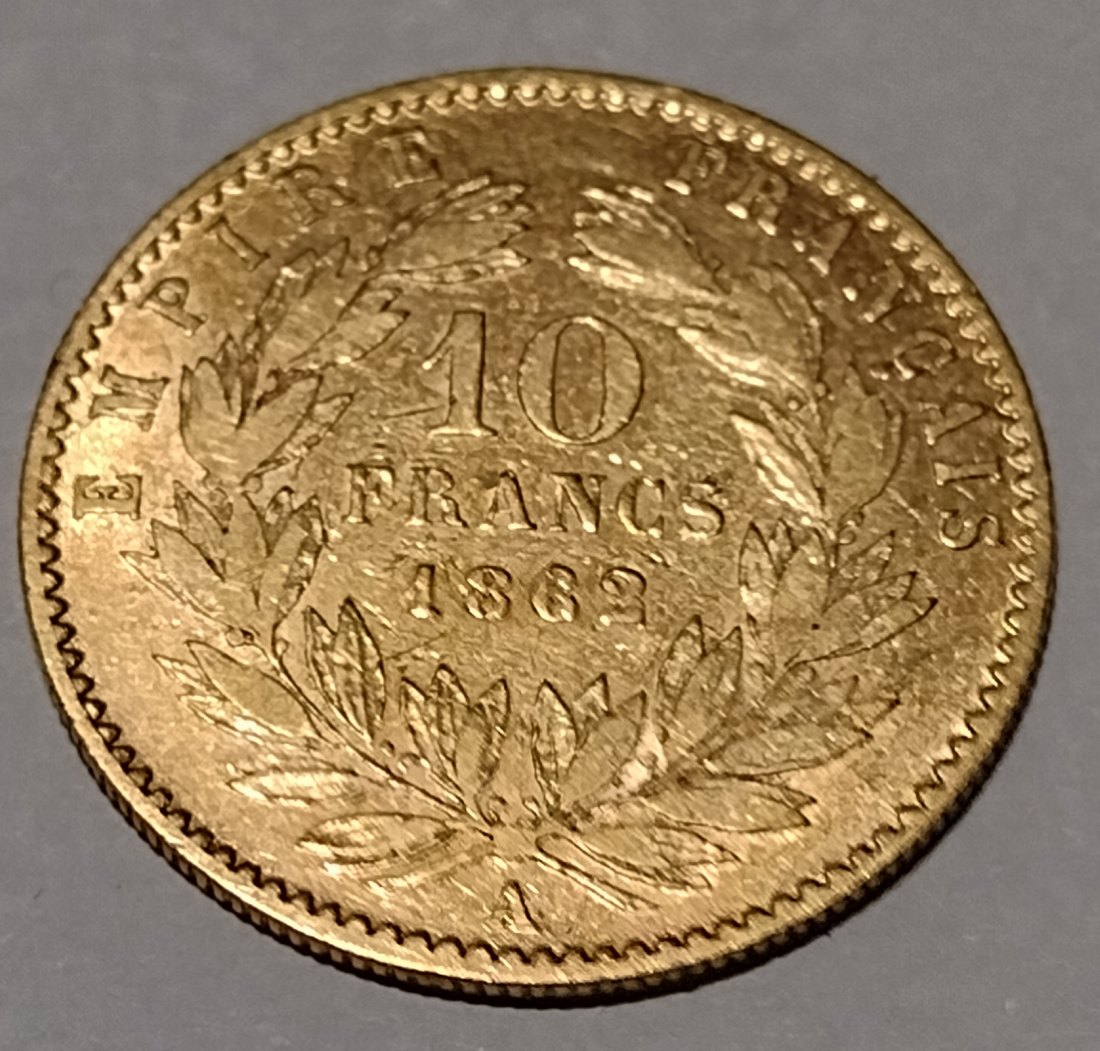  Goldmünze, 10 Francs Frankreich 1862, KM 507A/1   