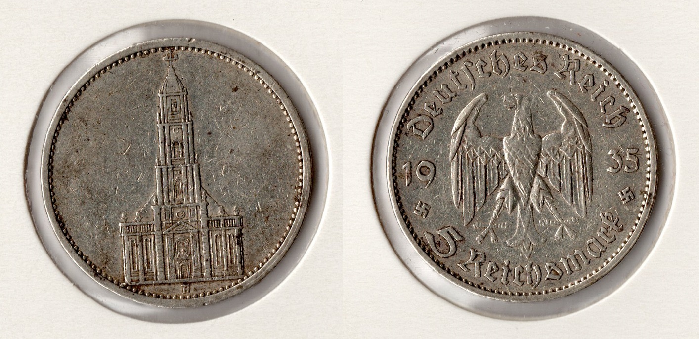  III. Reich 5 Reichsmark 1935 -A- Garnisonskirche Jaeger 357. Silber .900er   