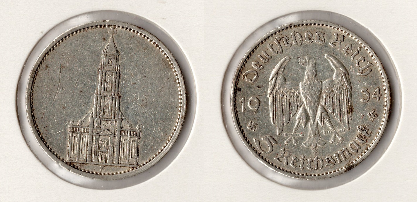  III. Reich 5 Reichsmark 1934 -F- Garnisonskirche Jaeger 357. Silber .900er   