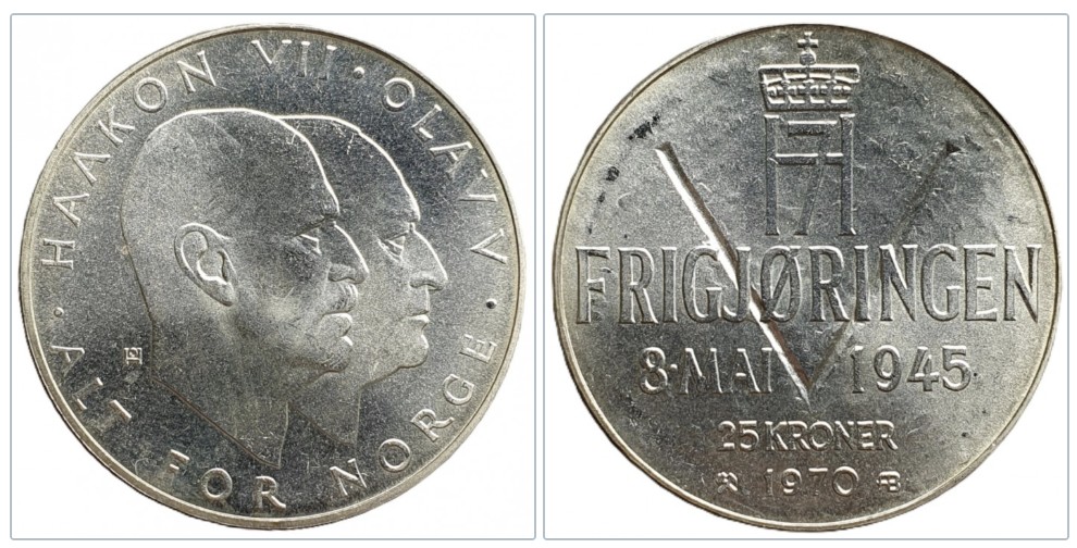  Norwegen 25 Kroner 1970 - 25 Jahre Befreiung Gedenkmünze Silber 25,38g fein   