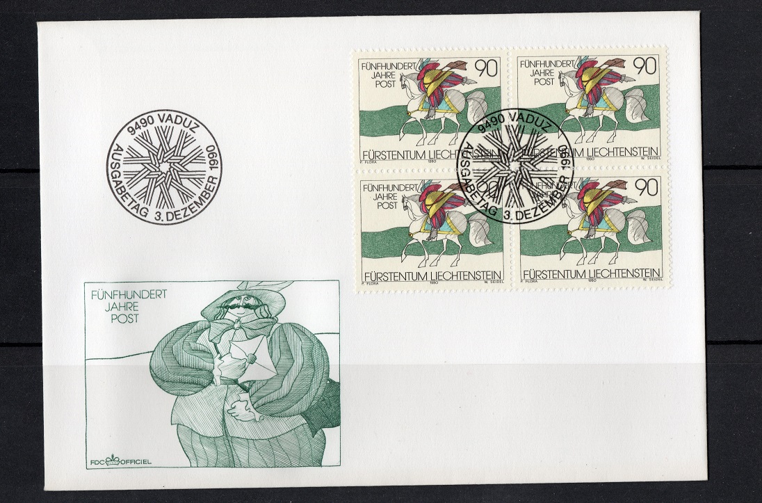 Fürstentum Liechtenstein ETB 500 Jahre Post/ Viererblock FDC/ SST Vaduz/ s.scan   