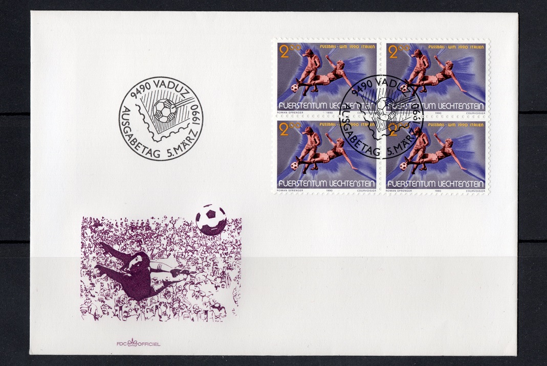  Fürstentum Liechtenstein ETB Fußball WM 1990 Italien/ Viererblock FDC/ SST Vaduz/ s.scan   