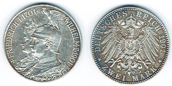  SZAIVERT DEUTSCHES KAISERREICH KÖNIGREICH PREUSSEN 2 MARK 1901 JUBILÄUM   