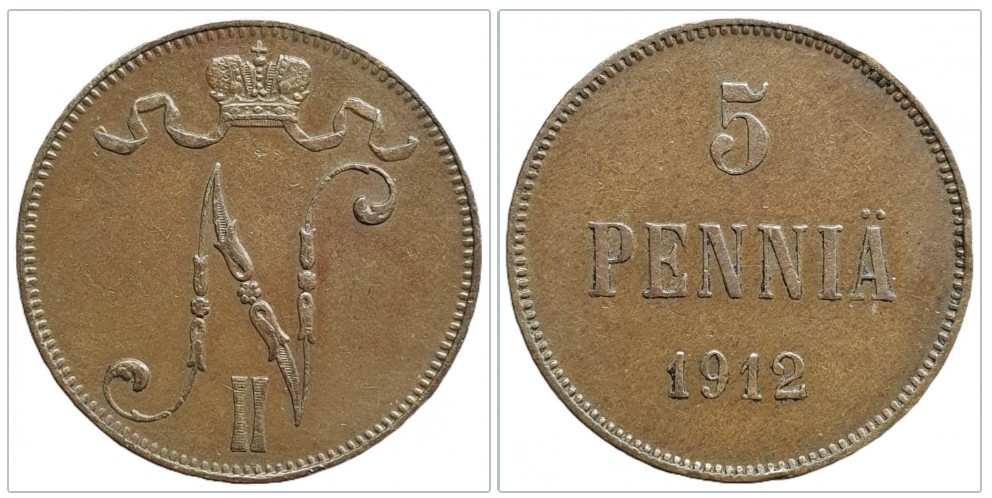  Finnland 5 Penniä 1912 Kaiser Nikolaus II. Kupfer Münze   