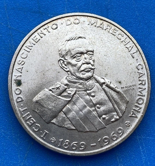  SILBER - Portugal 50 Escudos 1969 100. Geburtstag Oscar Carmona   