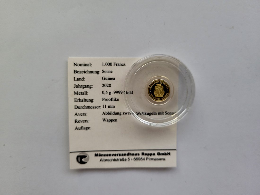  1000 Francs 2020 Sonne Unified Nation Goldmünze 0,5g 9999 Guinea Spittalgold9800 (5525   