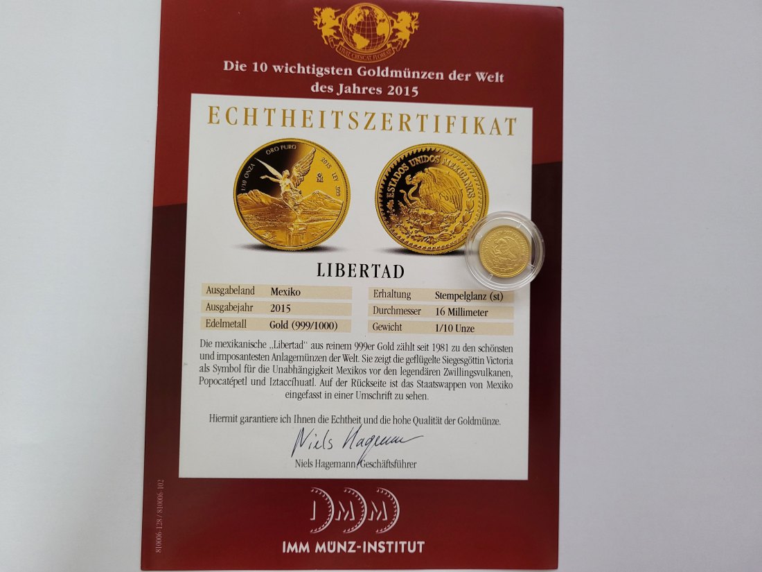  Ley 2015 Libertad Goldmünze 1/10 Oz/999 Mexicanos Mexiko Spittalgold9800 (4875   