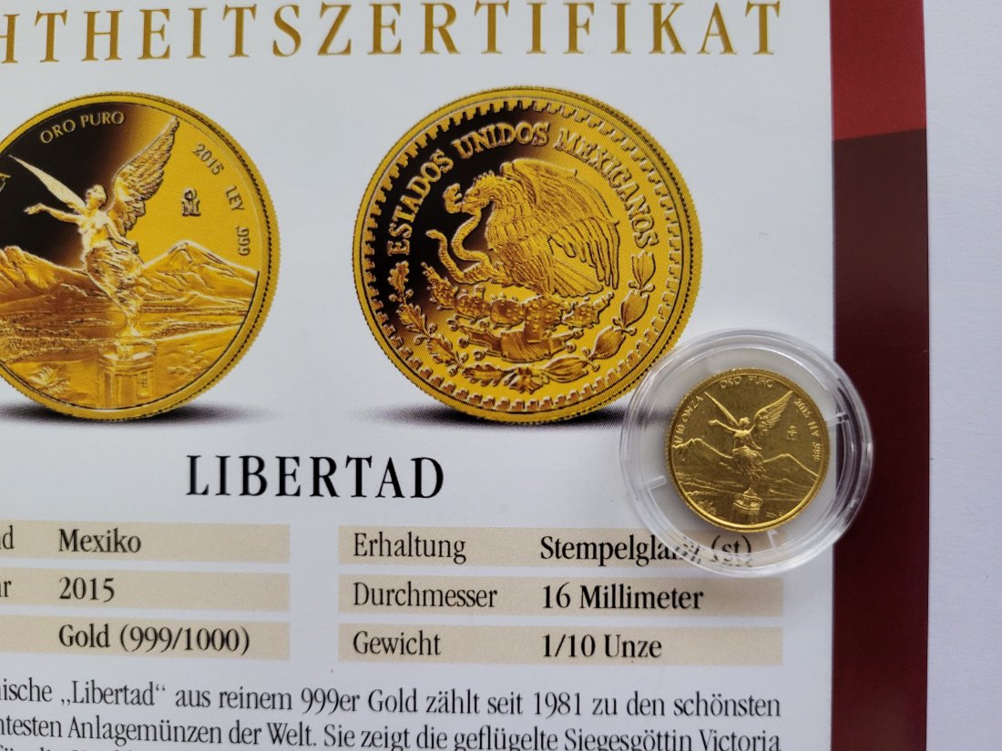  Ley 2015 Libertad Goldmünze 1/10 Oz/999 Mexicanos Mexiko Spittalgold9800 (4875   