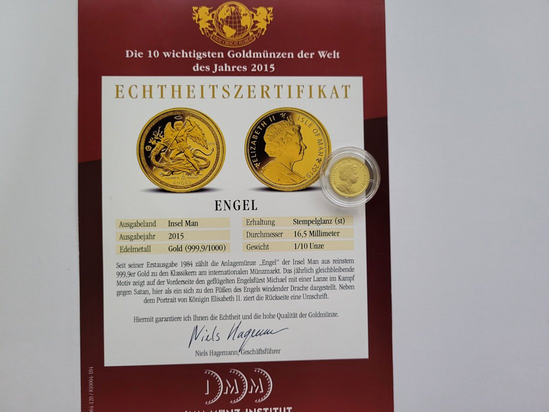  Goldmünze 2015 Engel 1/10 Oz/999,9 Isle of Man Großbritannien Spittalgold9800 (4875   