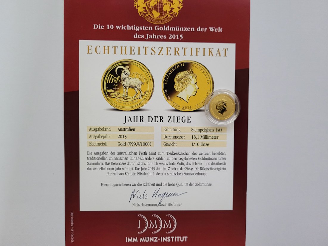  15 Dollars 2015 Jahr der Ziege Goldmünze 1/10 Oz/999,9 Australien Spittalgold9800 (4875   