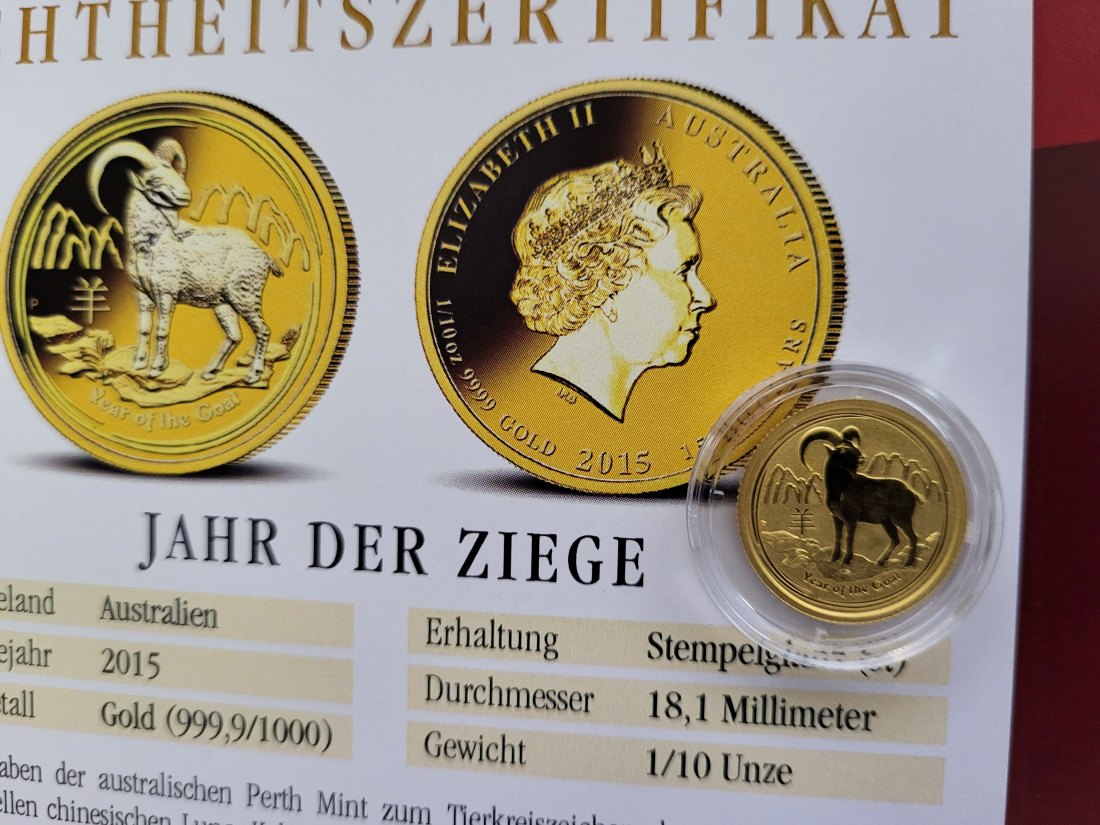 15 Dollars 2015 Jahr der Ziege Goldmünze 1/10 Oz/999,9 Australien Spittalgold9800 (4875   