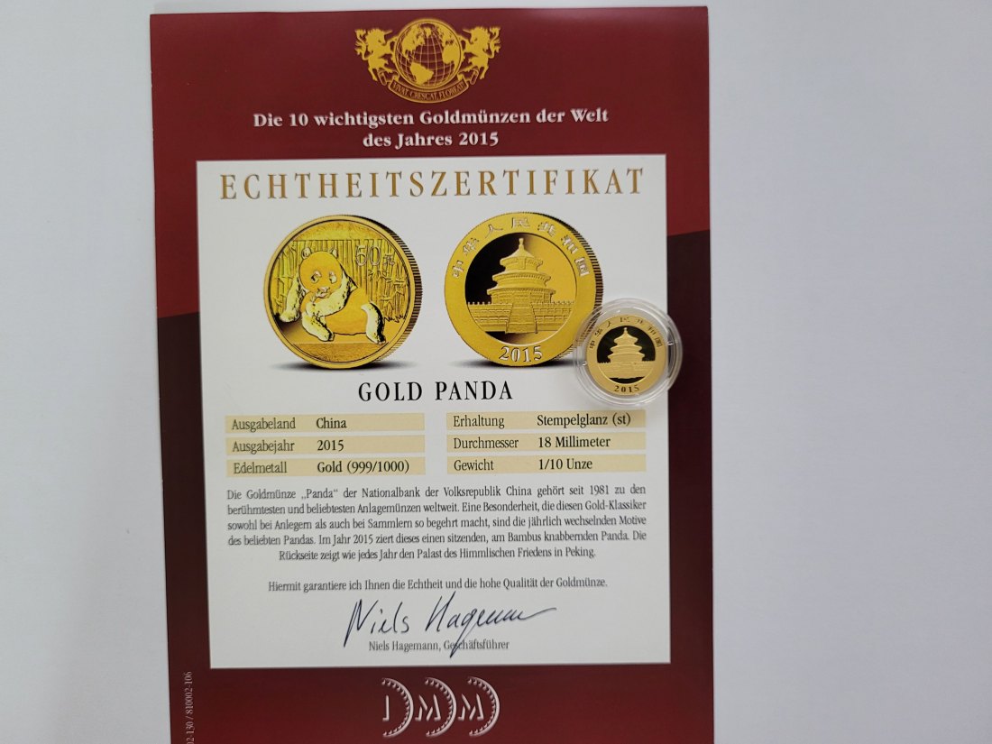  50 Yuan 2015 Gold Panda Goldmünze 1/10 Oz/999 China Spittalgold9800 (4875   