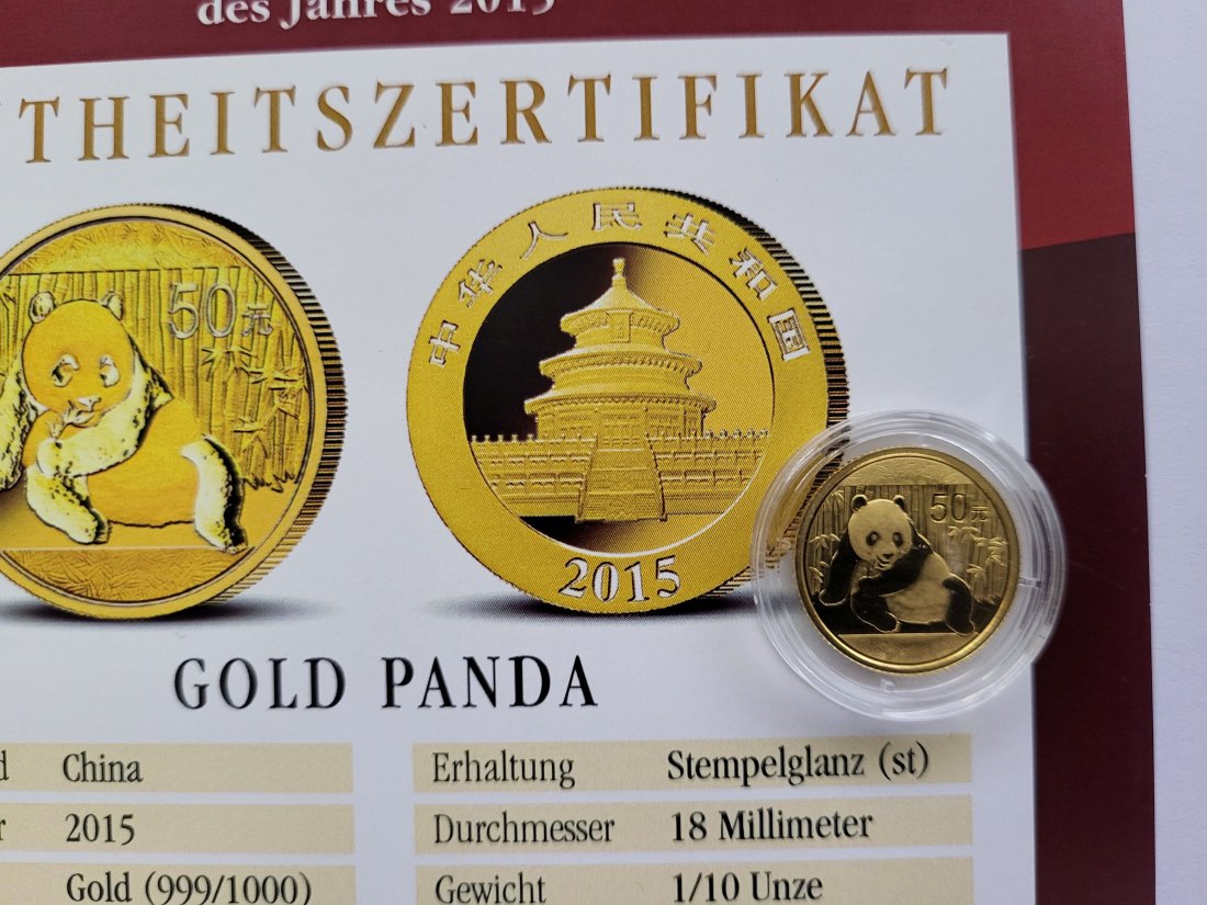 50 Yuan 2015 Gold Panda Goldmünze 1/10 Oz/999 China Spittalgold9800 (4875   