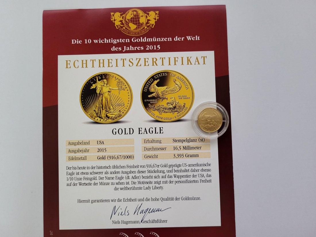  5 Dollars 2015 Gold Eagle Goldmünze 1/10 Oz/916,67 USA Spittalgold9800 (4875   
