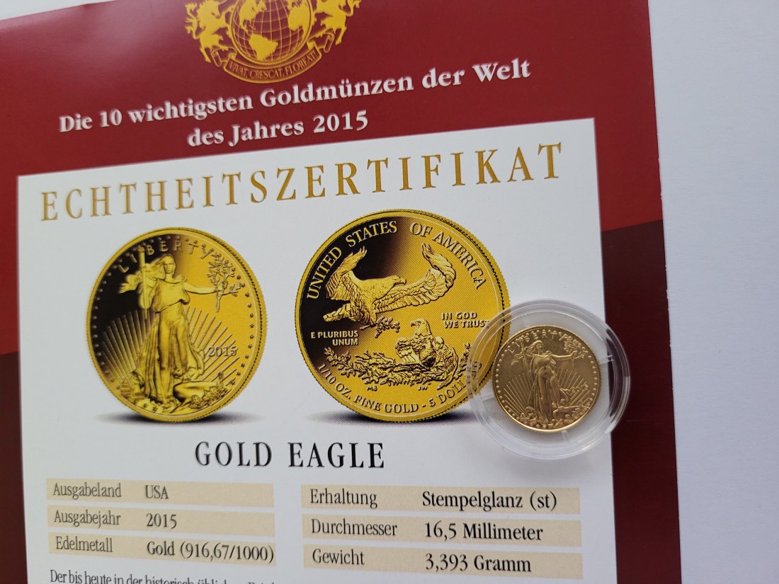  5 Dollars 2015 Gold Eagle Goldmünze 1/10 Oz/916,67 USA Spittalgold9800 (4875   