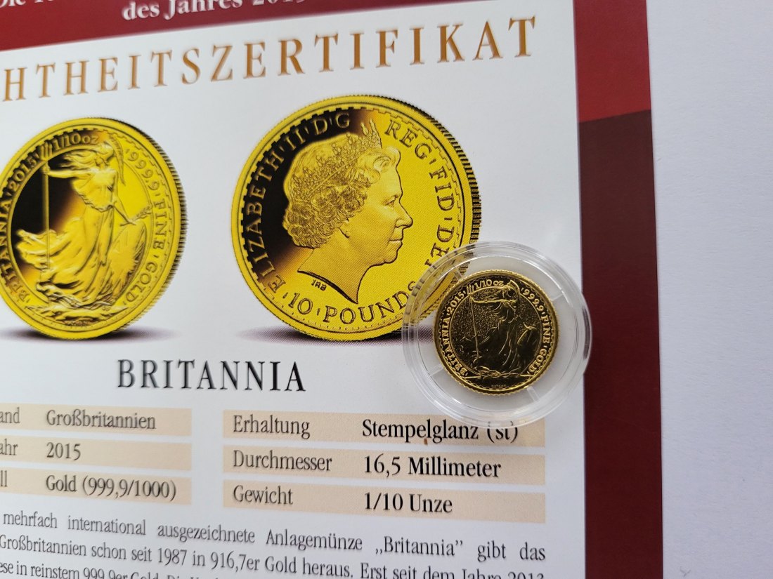  10 Pounds 2015 Britannia Goldmünze 1/10 Oz/999,9 Großbritannien Spittalgold9800 (4875   