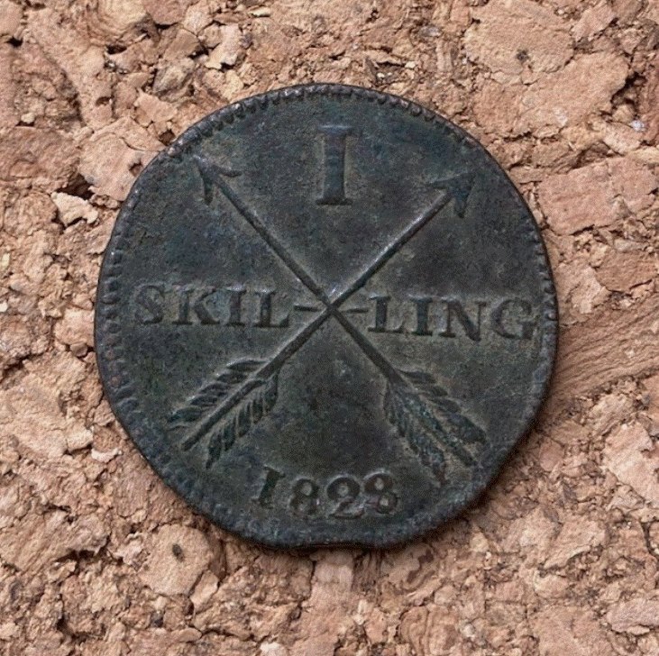  Schweden 1 Skilling 1828 - Karl XIV. Johann - Gekreuzte Pfeile Kupfermünze   