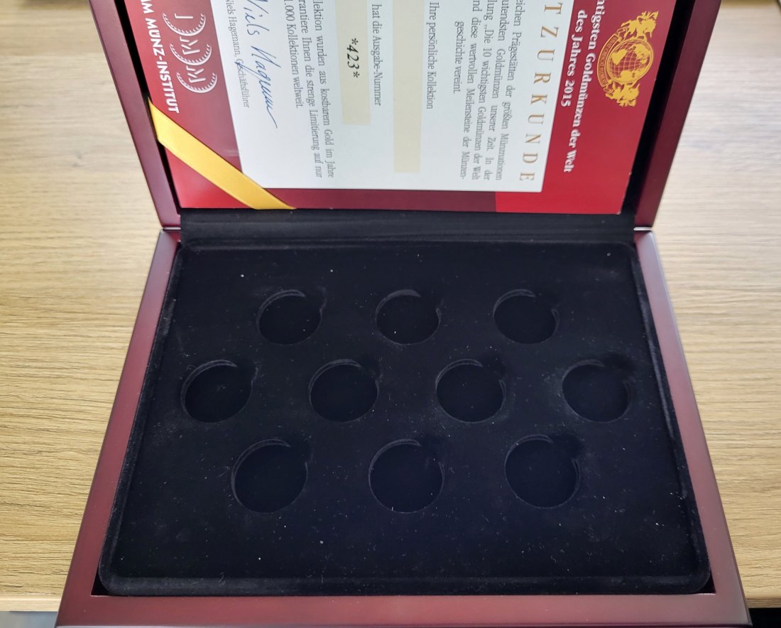  Holz Etui 1/10 OzDie 10 wichtigsten Goldmünzen der Welt 2015 gebraucht Österreich Spittalgold9800 00   