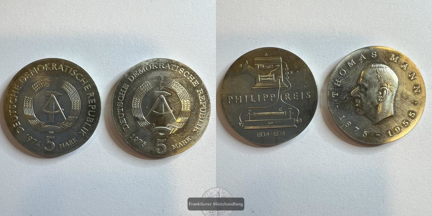  Lot: Deutschland 5 Mark (Thomas Mann) 1975 & (Philipp Reis) 1974 FM-FRANKFURT KM#54 KM#49   