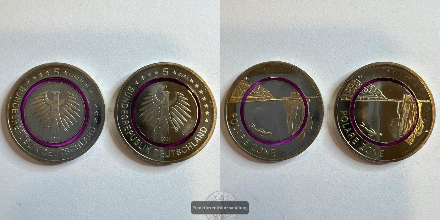  Lot: Deutschlanf 2x 5 Euros 2021 (Polar Zone) F D FM-FRANKFURT KM#401   