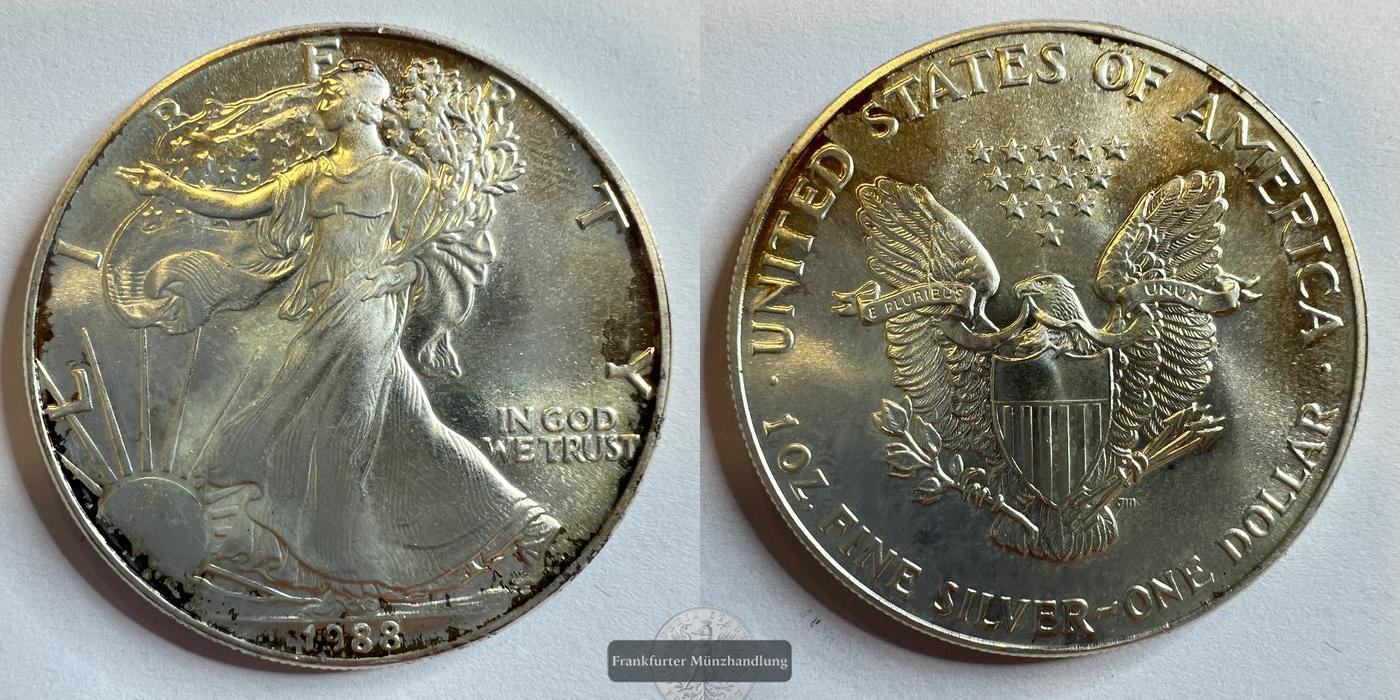  USA 1 Dollar American Silver Eagle 1988 (Bullion Coin) FM-FRANKFURT KM#273 Feinsilber: 31g   