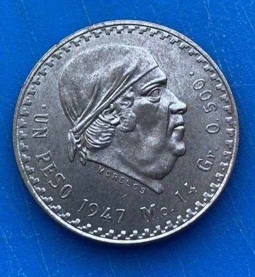  SILBER - Mexiko 1 Peso 1947 Morelos  Adler Schlange   