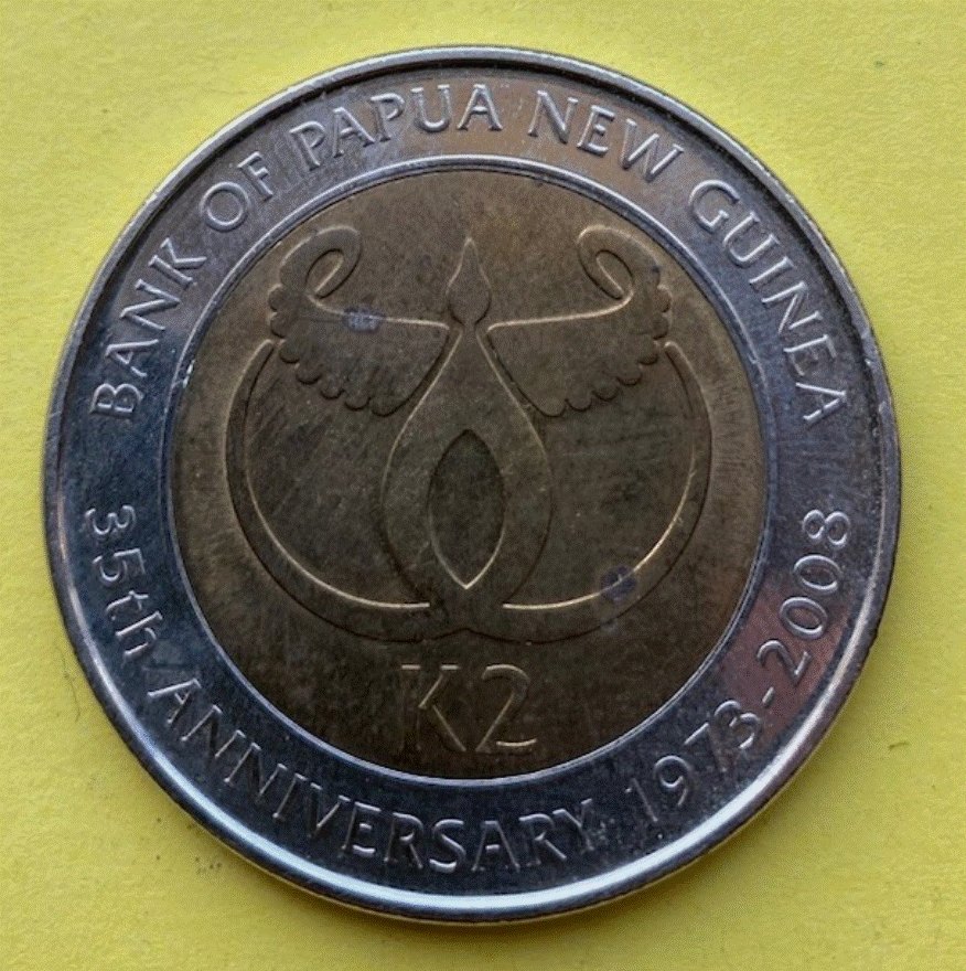  Papua Neuguinea 2 Kina 2008 - 35 Jahre Zentralbank Paradiesvogel Bimetall   