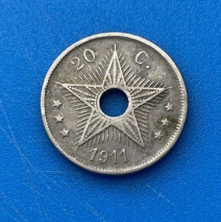  Belgisch Kongo 20 Centimes 1911 Lochmünze Stern Albert I Kolonie   
