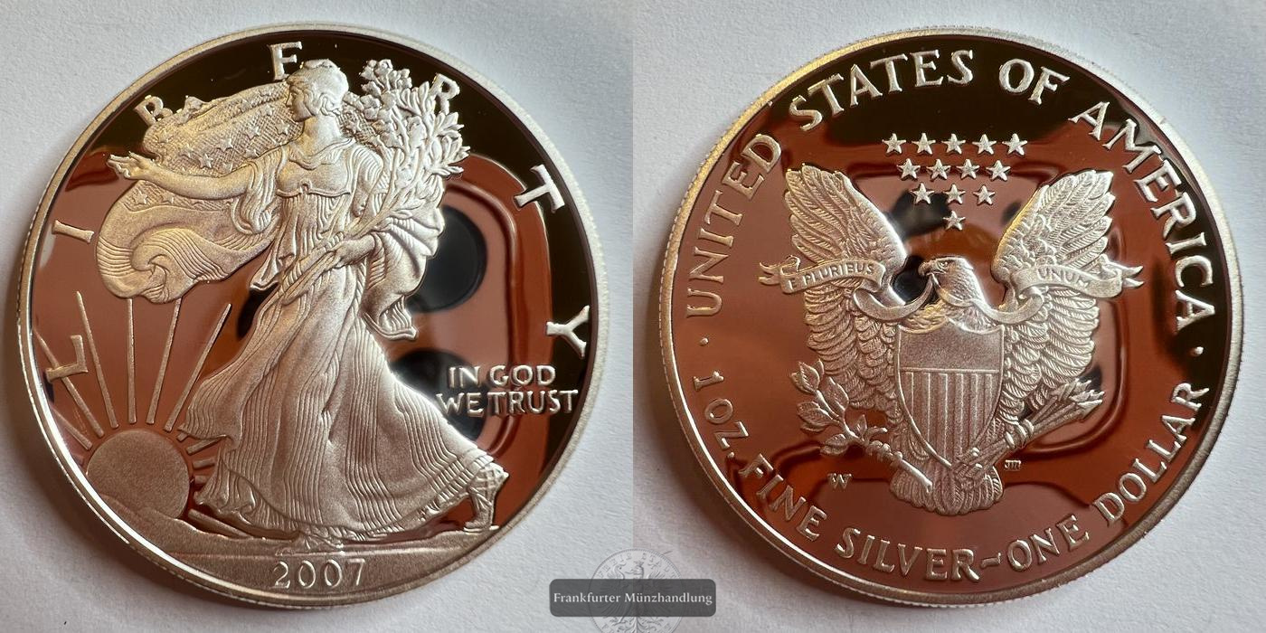  USA 1 Dollar 2007 Proof W American Silver Eagle FM-FRANKFURT KM#273 Feinsilber: 31,1g   