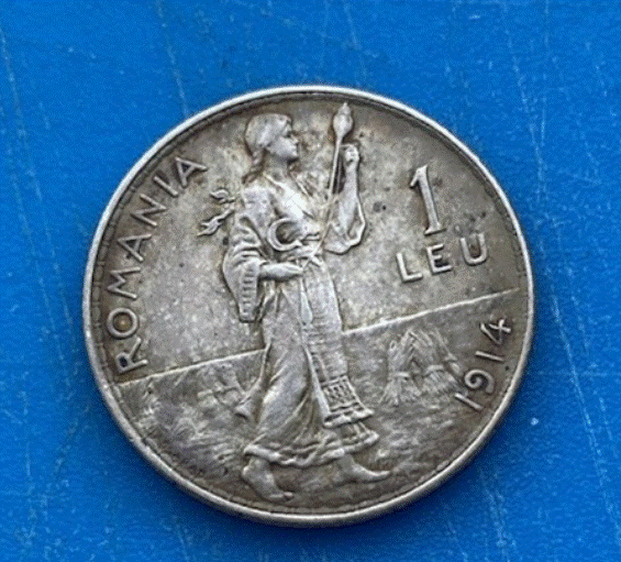  SILBER - Rumänien (Königreich) 1 Leu 1914 Carol I. Bäuerin (Torcătoare)   