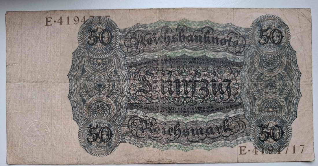  Dt. Reich 50 Mark 1924 Hans Holbein mit Gebrauchsspuren P. 177   