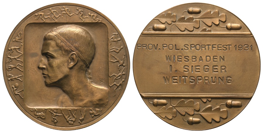  Medaille 1931; Provinzial-Polizeisportfest Wiesbaden; bronze; 49,42 g; Ø 51,19 mm, in Schatulle   