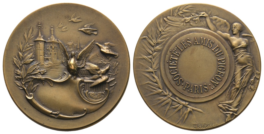  Medaille; Gesellschaft der Taubenfreunde von Paris; bronze; 39,10 g; Ø 44,47 mm, in Karton   
