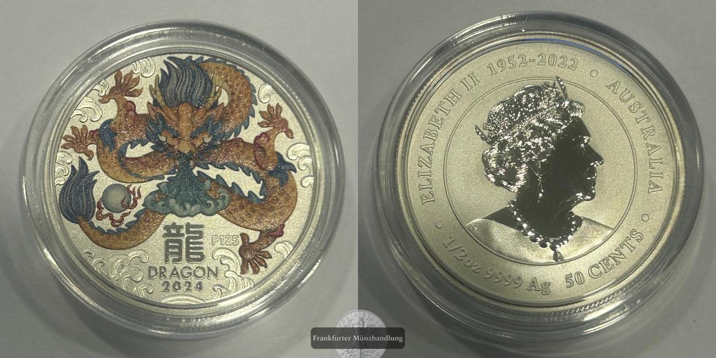  Australien / 50 Cents Lunar III Drache 1/2 oz 2024 FM-Frankfurt KM#4638.1 Feinsilber: 15,55g   