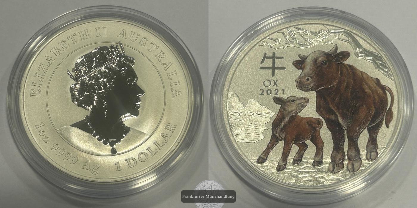  Australien / 1 Dollar Lunar III Ochse 1 oz 2021 Frankfurt Feinsilber: 31,10g   