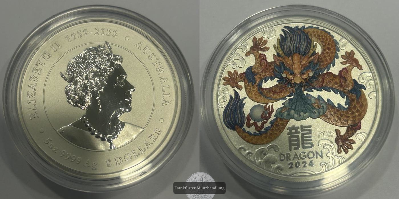  Australien / 8 Dollars Lunar III Drache 5 oz 2024 FM-Frankfurt Feinsilber: 155,52g   