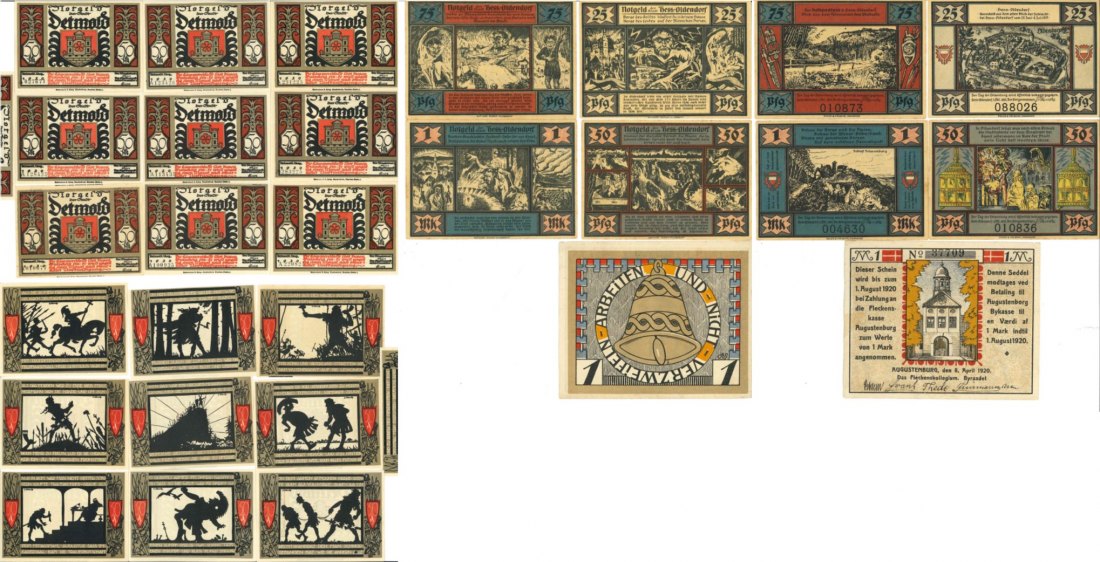  Wertmarken & Notgeld; Augustenburg(50x Wertmarken); Detmold(10x Notgeld); Hess. Oldendorf(4x Notgeld   