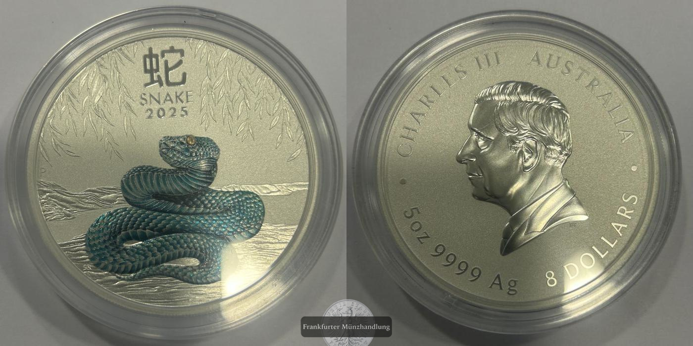  Australien / 8 Dollars Lunar III Schlange 5 oz 2025 FM-Frankfurt Feinsilber: 155,52g   