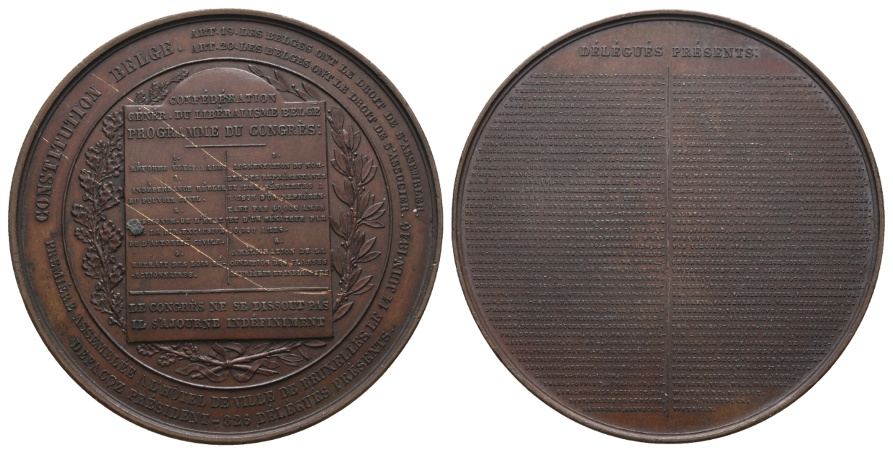  Medaille; belgische Verfassung und das Nationalkongress-Program; bronze; 125,17 g; Ø 68,26 mm   