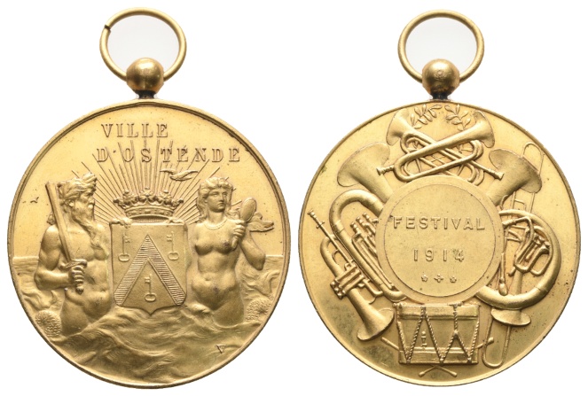  Medaille 1914; Ville D'Ostende; Festival; vergoldet, gehenkelt; 42,42 g; Ø 50,44 mm   