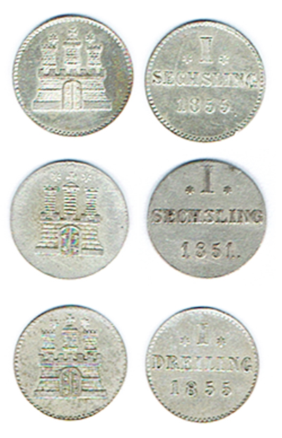  SZAIVERT ALTDEUTSCHLAND HAMBURG LOT 3 STÜCK SECHSLING 1851 1855 DREILING 1855   