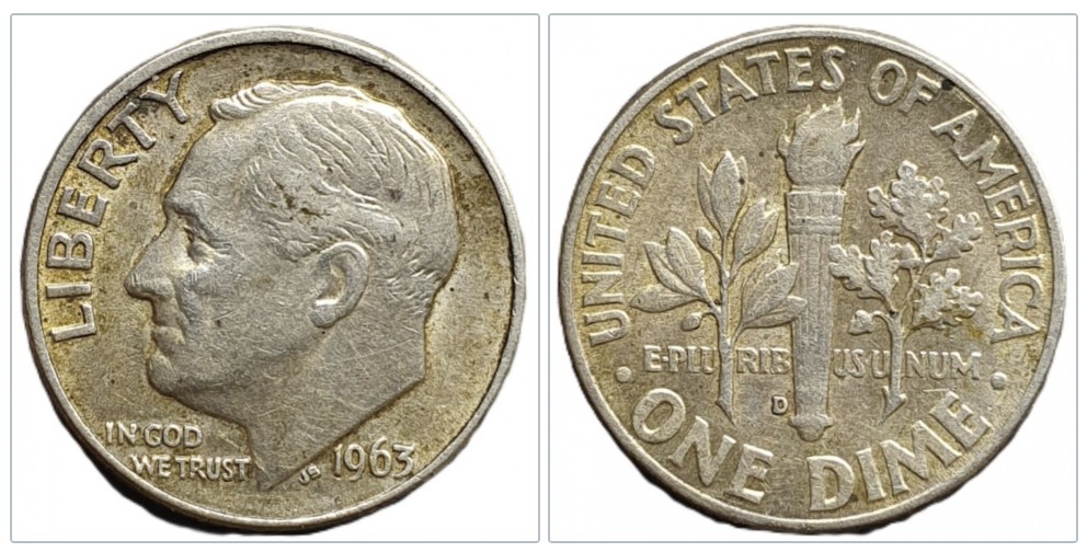  USA 1 Dime 1963 Roosevelt Dime D Denver Silber 2,25g fein   