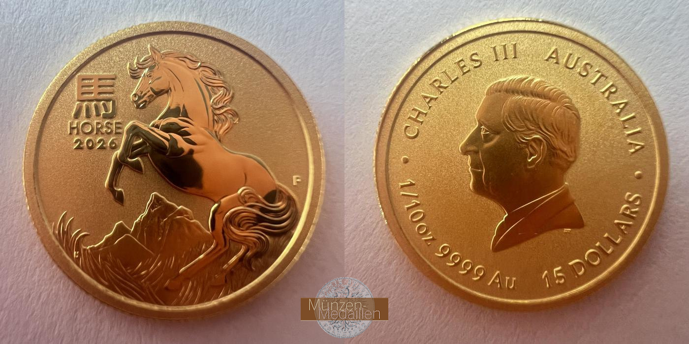  Australia 15 Dollars Charles III 2026 (Year of the Horse) MM-FRANKFURT N#483673 Feingold: 3,111g   
