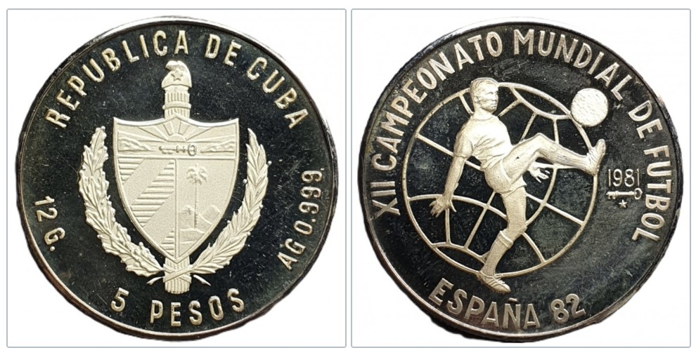  Kuba 5 Pesos 1981 Fußball-Weltmeisterschaft 1982 in Spanien Silber 11,99g fein Auflage: 4000 Stk.   