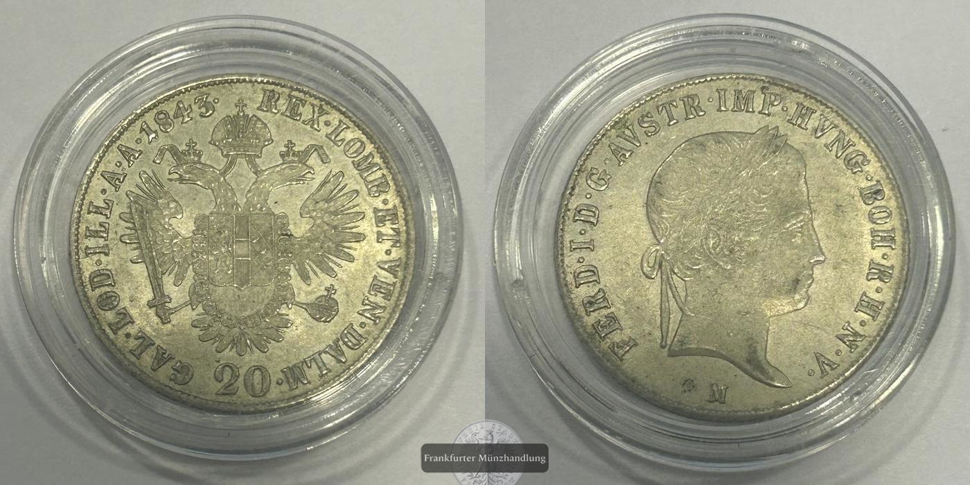  Österreich / 20 Kreuzer M - Ferdinand I. 1843 FM-Frankfurt KM#2208 Feinsilber: 3,90g   