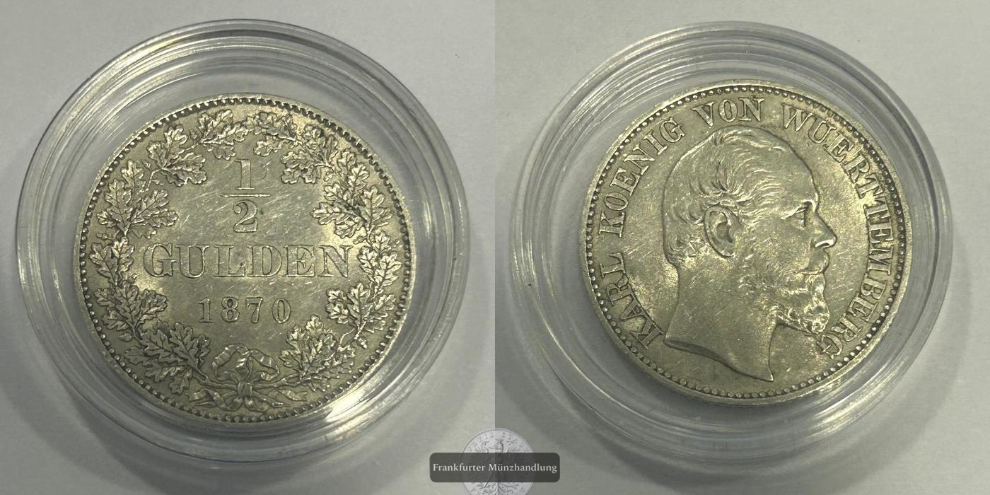 Deutschland / 1/2 Gulden (30 Kreuzer) König Karl I. 1870 FM-Frankfurt Feinsilber: 4,76g   