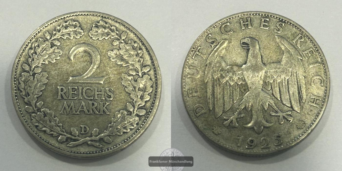  Deutschland / 2 Reichsmark 1925 D FM-Frankfurt KM#45 Feinsilber: 5,00g   