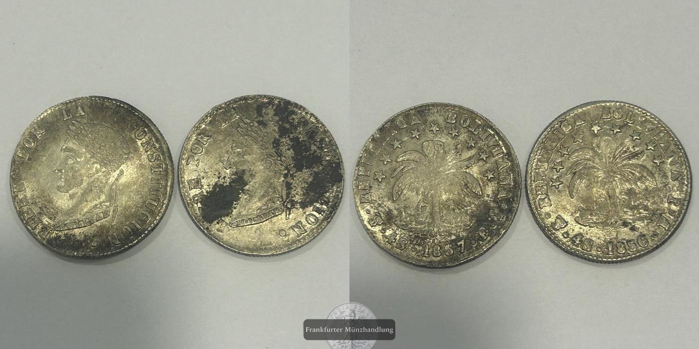  Bolivien / 2x 8 Soles Simon Bolivar 1856-1857 FM-Frankfurt gesamt Feinsilber: 48,60g   