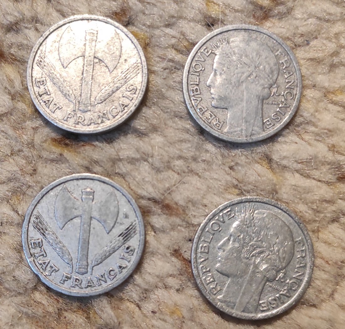  d026: Frankreich 4 x 1 Franc ältere Münzen, verschiedener Prägejahre   